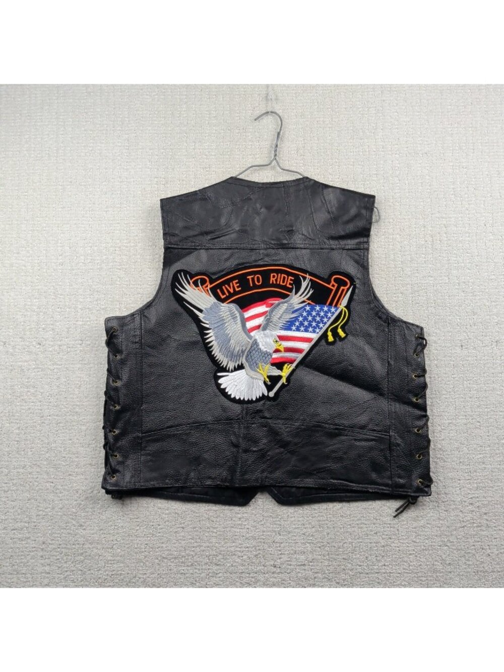 Y2K Diamond Plate Buffalo Leather Biker Vest Men XL Black Eagle Patches USA Flag